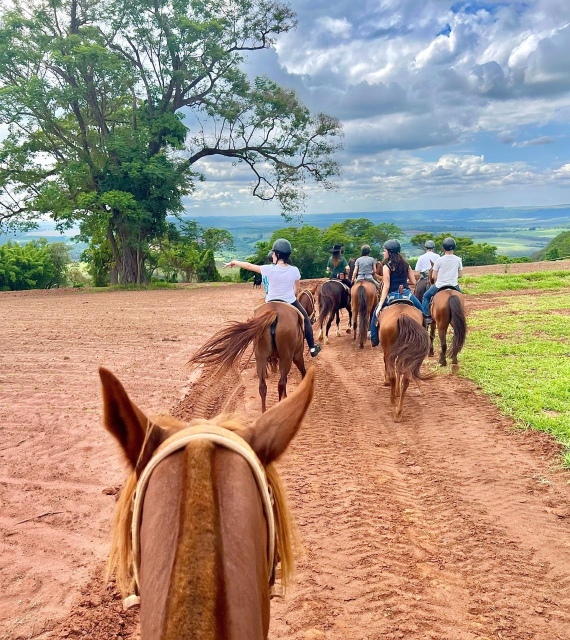 Grupo de cavaleiros seguindo pelo caminho de terra, com o vale ao fundo